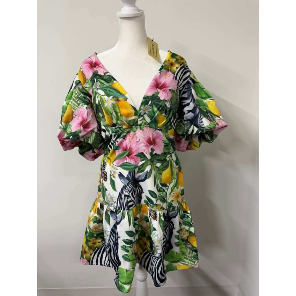 Denimland Medium Tropical Zebra Floral Puff Sleeve‎ Mini Dress V-Neck Multicolor
